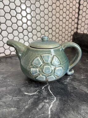 Vintage Handmade Japanese Green Ceramic Teapot with Floral Motif